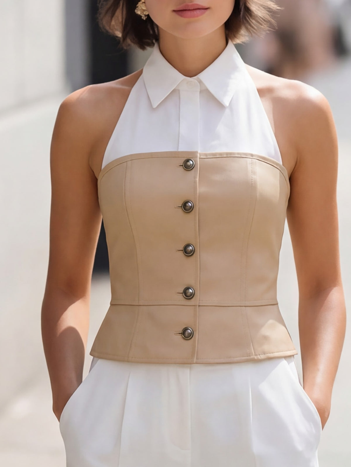Khaki halter-neck faux two-piece top with centered buttons and white collar
