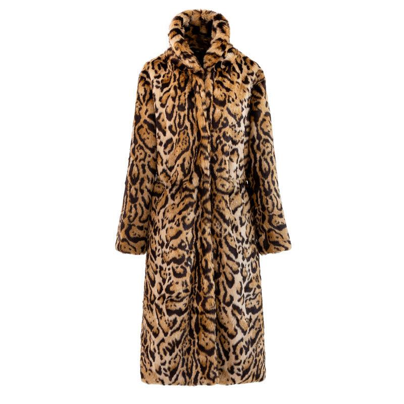 Long leopard faux fur coat, khaki with black spots, full front view with hood