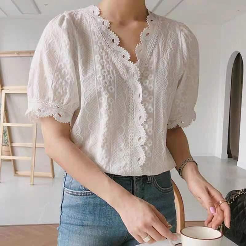 Summer Sweet V-neck Lace Puff Sleeve Shirt - WOMONA.COM