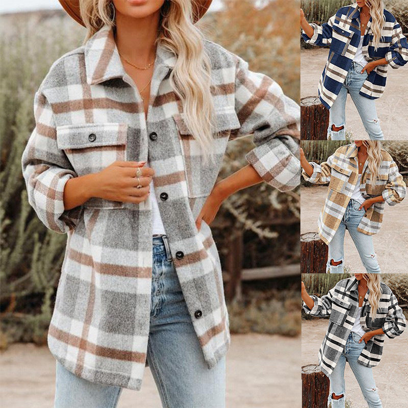 Unisex woolen-look plaid button-up shirt