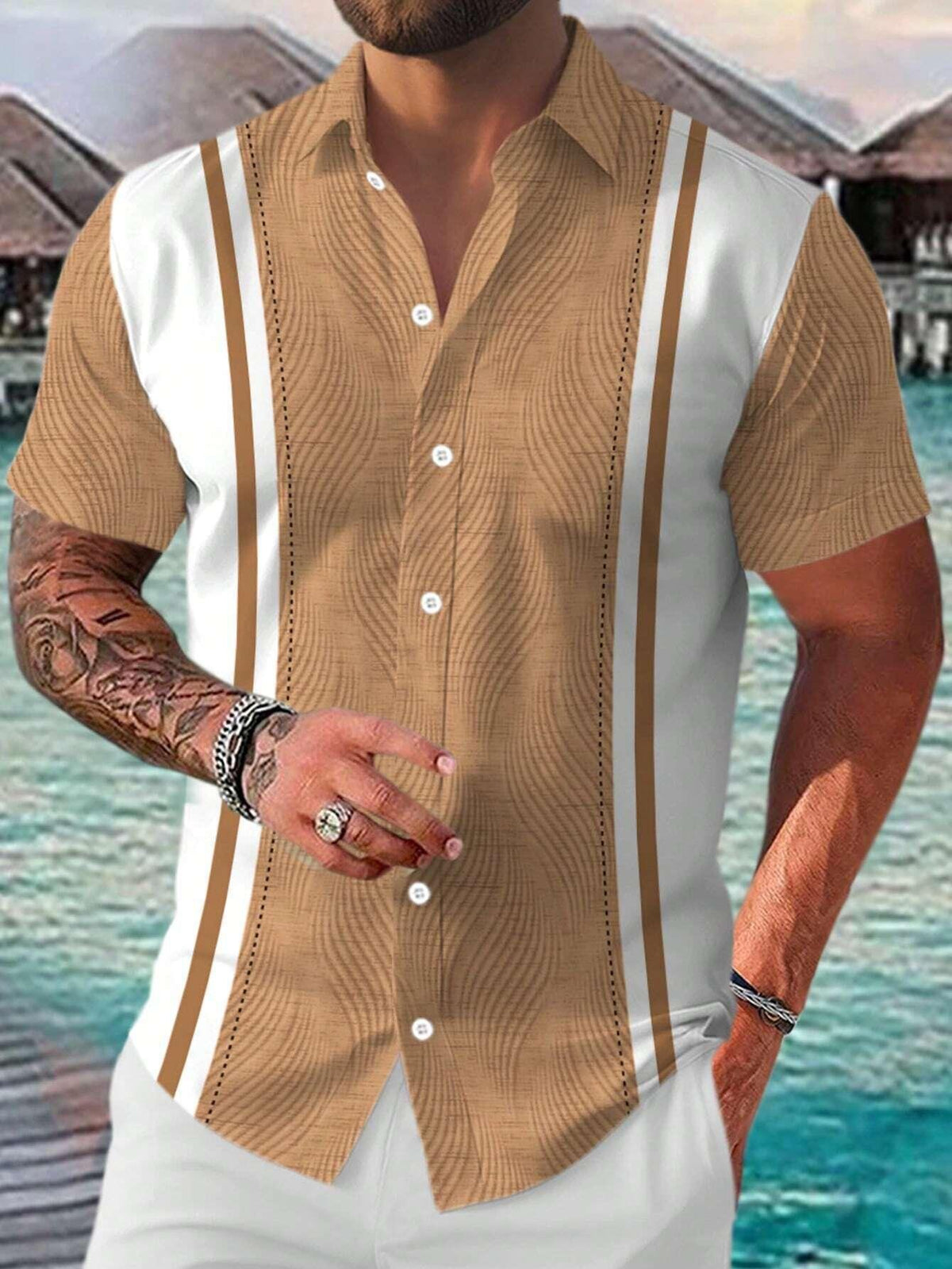 Tan short-sleeve button-up shirt with vertical stripe panels and subtle textured fabric.