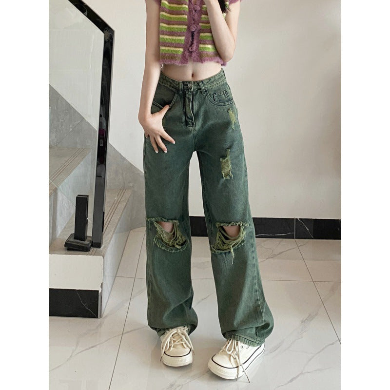 American Dark Green Torn Jeans With Wide Leg - WOMONA.COM