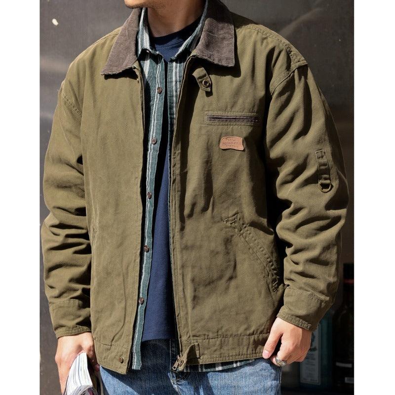 Army green canvas jacket with stand collar, button front, and chest flap pocket
