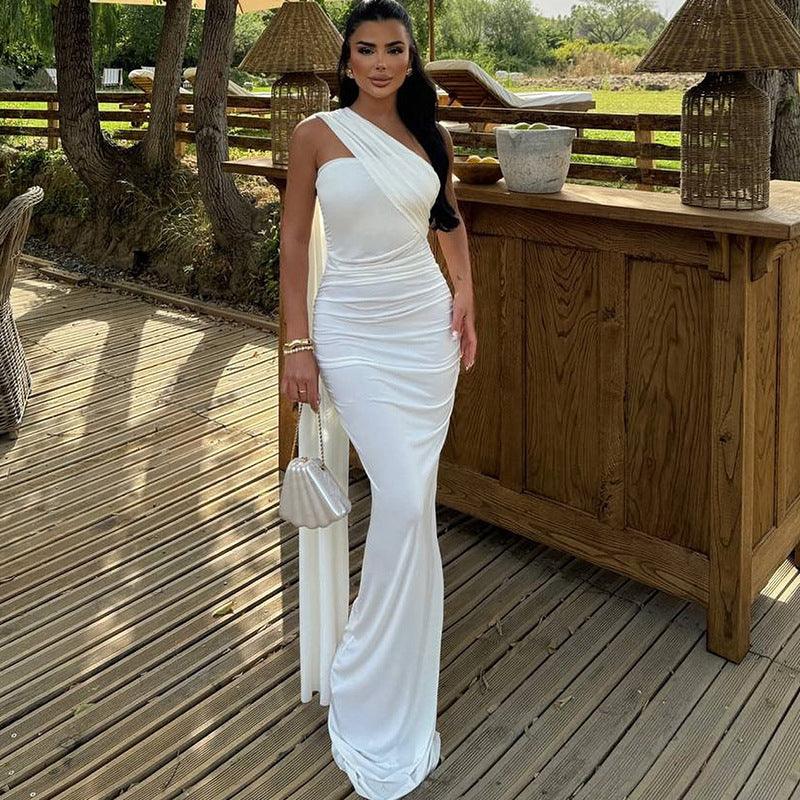 White halter backless ribbon split dress with ruched bodycon fit and long slit.