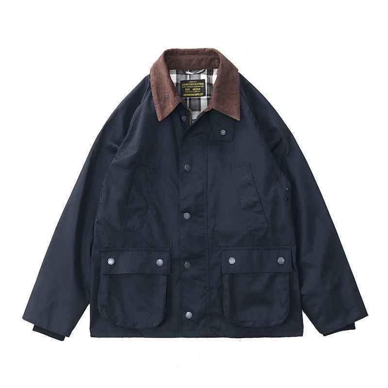 Men's vintage safari jacket, navy blue with brown corduroy collar and buttoned flap pockets