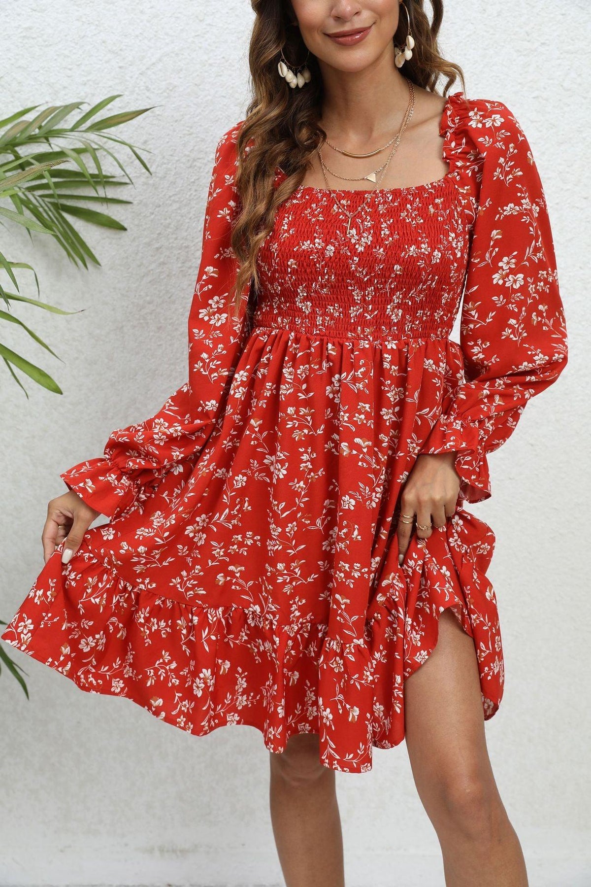 Spring And Summer Floral Long Sleeve Mid-length Dress - WOMONA.COM