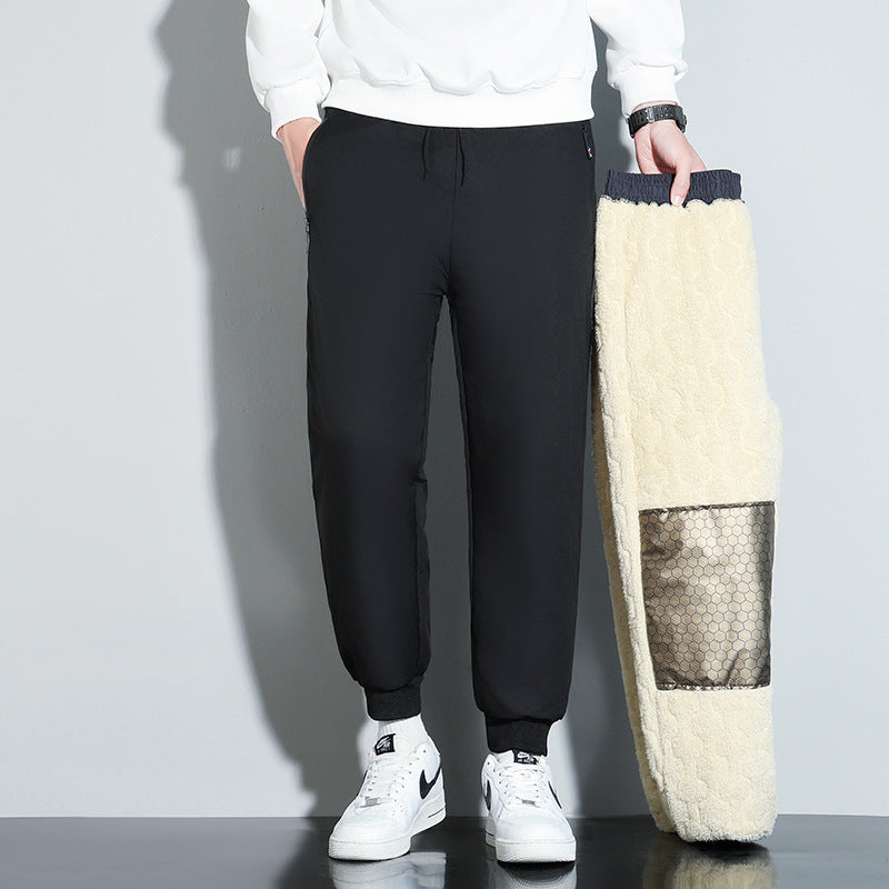 Men’s dark casual pants, relaxed taper, with beige fleece ankle cuffs