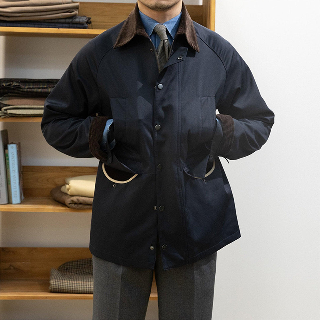 Men's dark blue waterproof trench coat, brown collar, button front, flap pockets