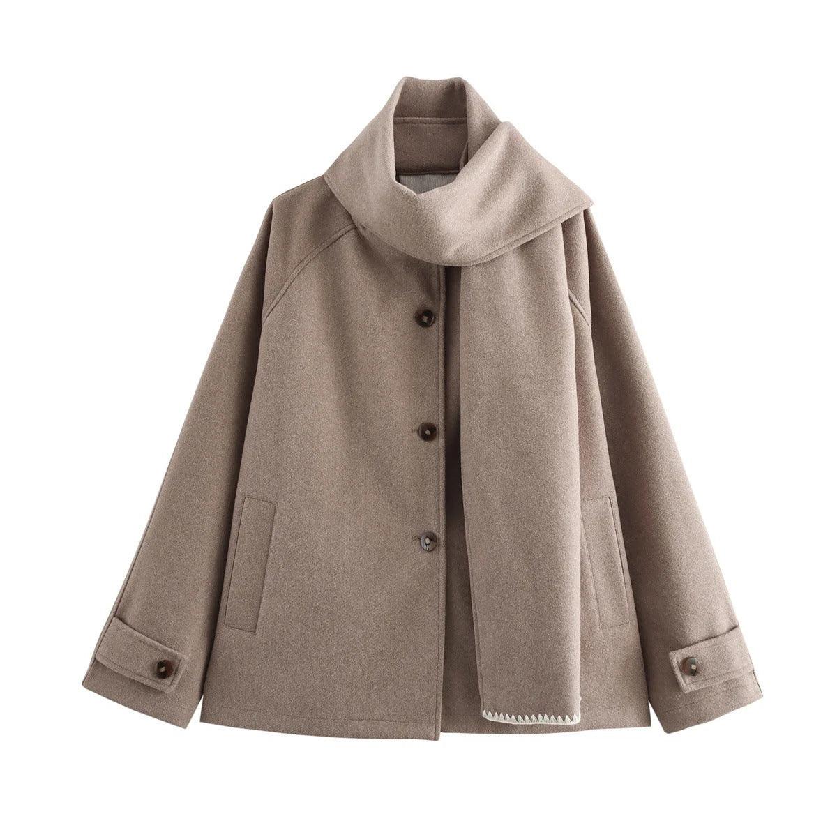 Camel short coat with wide scarf collar, button front, flap pockets, long sleeves