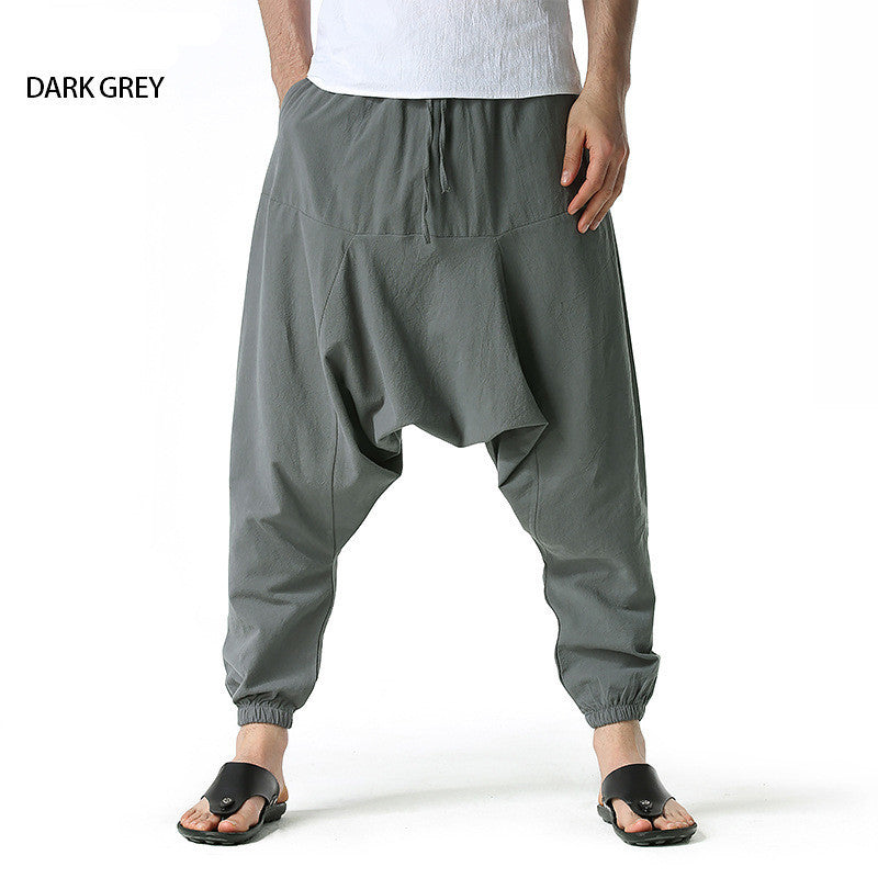 Men's loose flying squirrel pants, dark gray, drawstring waist, elastic ankle cuffs