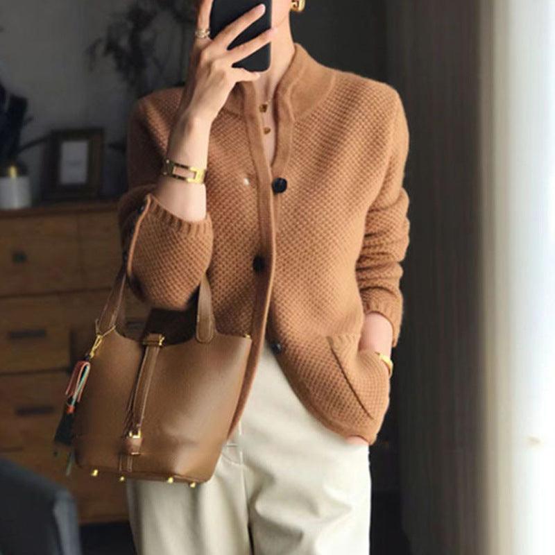 Knitted Cardigan Stand Collar Loose Coat - WOMONA.COM