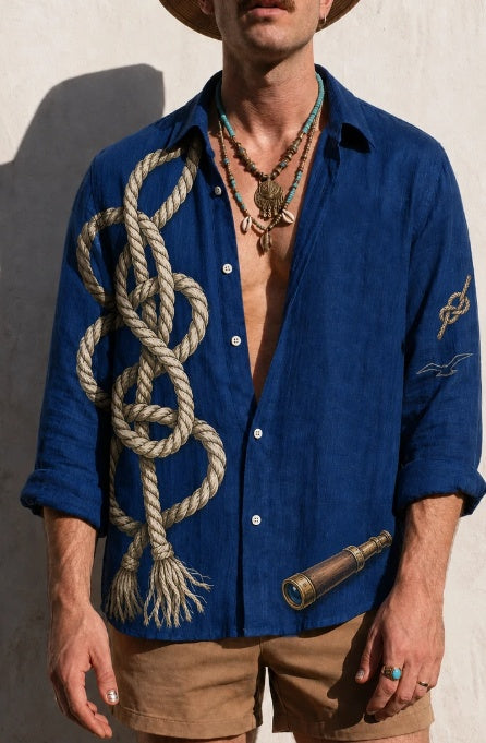Blue oversized button-up shirt with nautical rope and anchor print on front