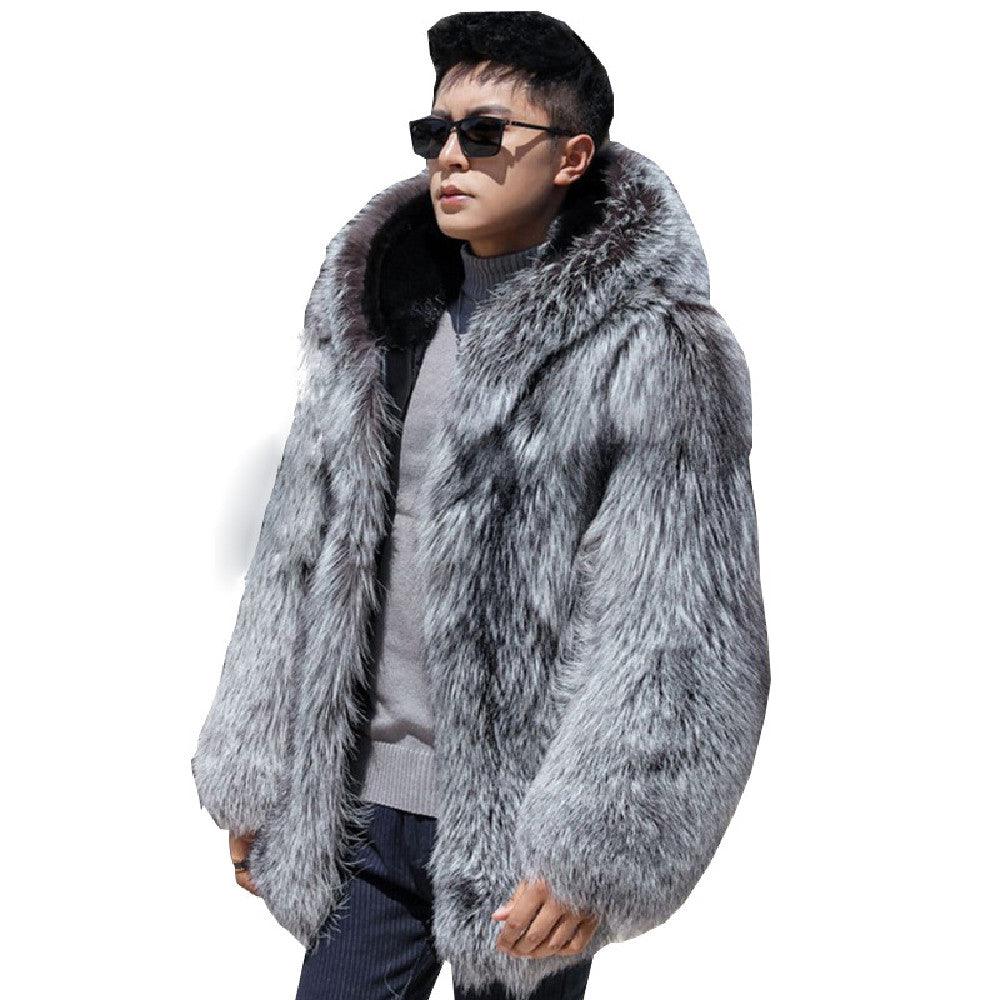 Men's faux fur hooded winter coat, silver-gray, three-quarter front view