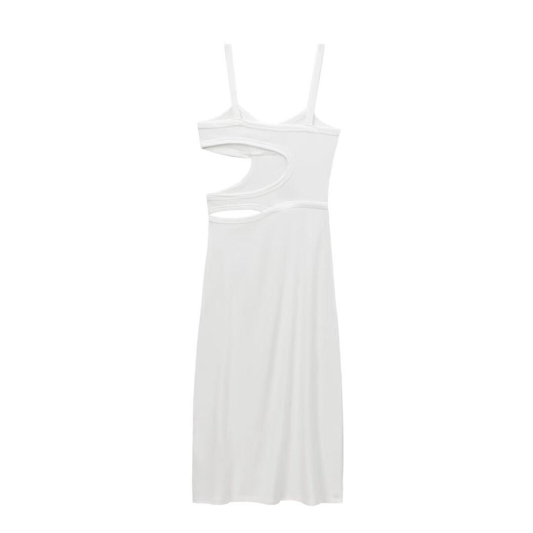 White knit midi dress with spaghetti straps and back midriff cutouts