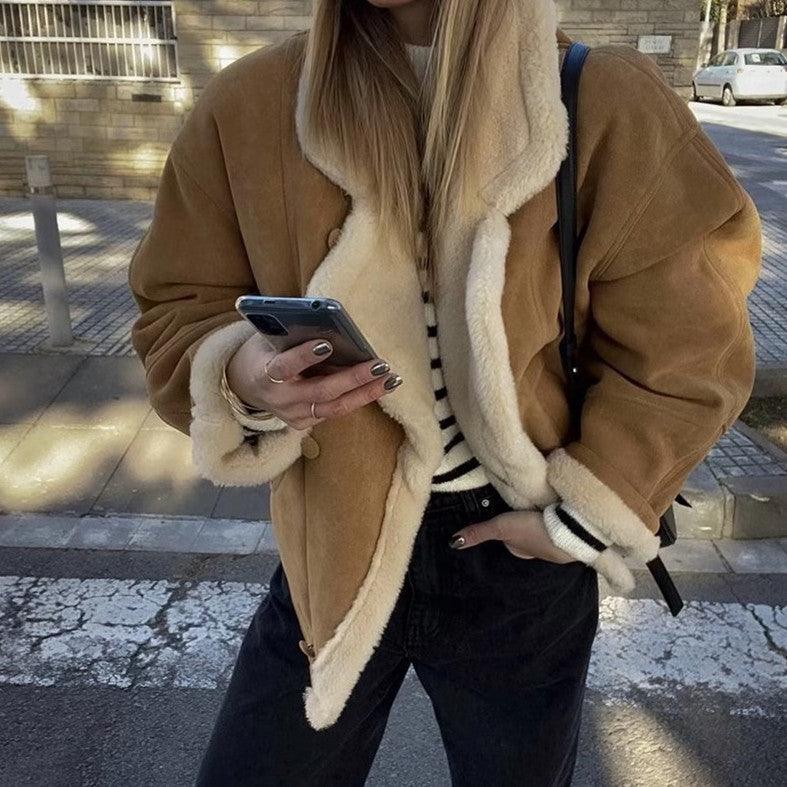 Khaki lamb wool coat with cream sherpa trim, button front, relaxed fit
