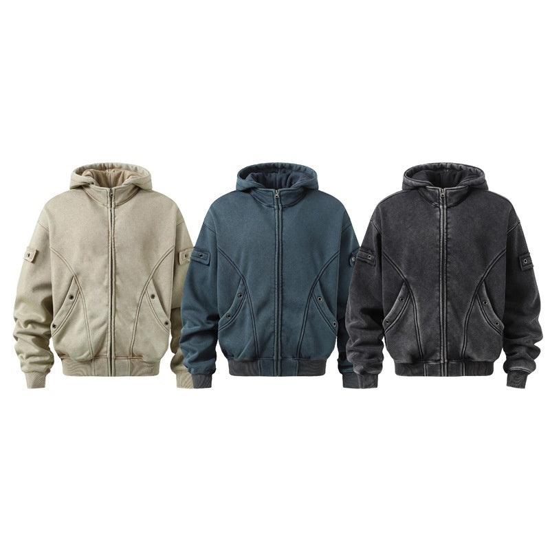Washed hooded fleece sweatshirt with full front zipper and ribbed cuffs