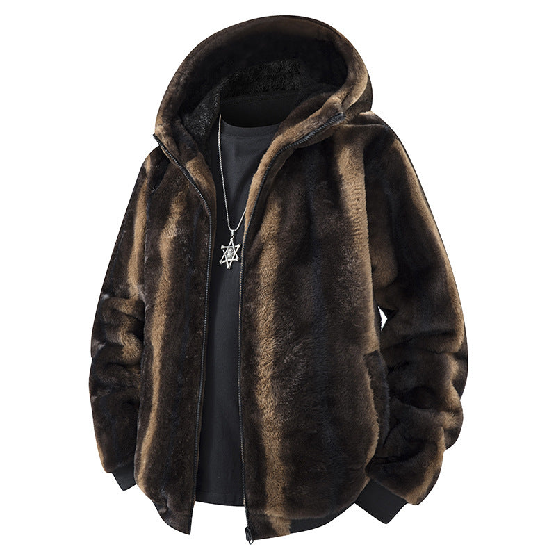 Fleece-lined hooded cardigan coat in dark brown leopard print, front zip and pockets
