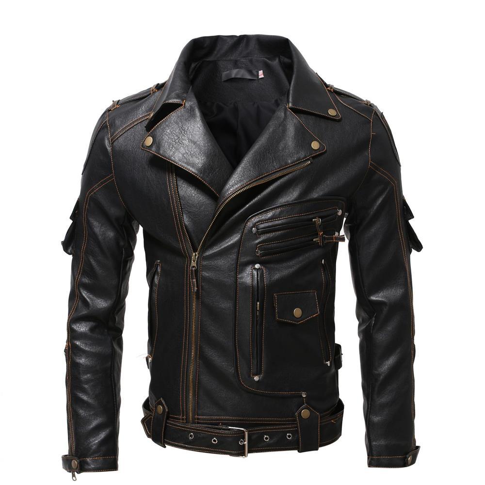 Men's black leather biker jacket with lapel collar and stacked front zip pockets