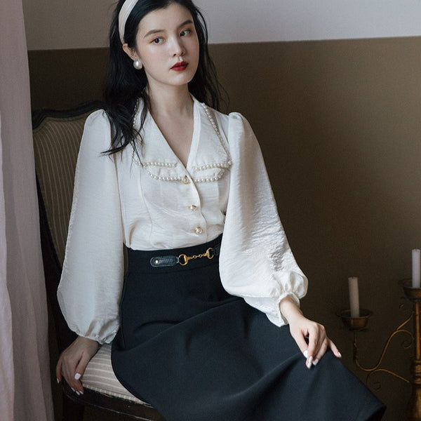 Fashion Pearl Collar Top Retro Skirt Two-piece Suit - WOMONA.COM