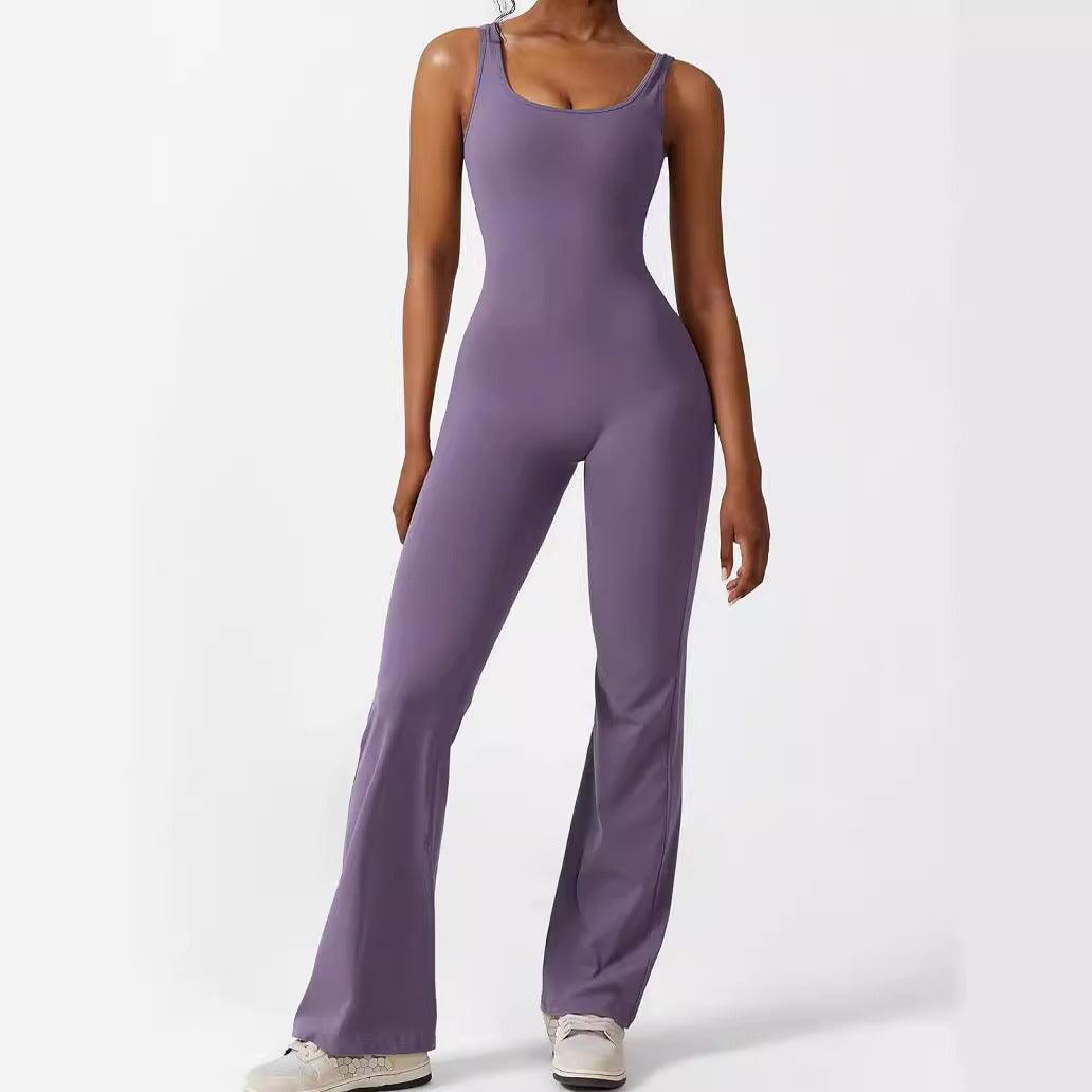 Women’s sleeveless flare jumpsuit, square neckline, wide-leg, solid purple