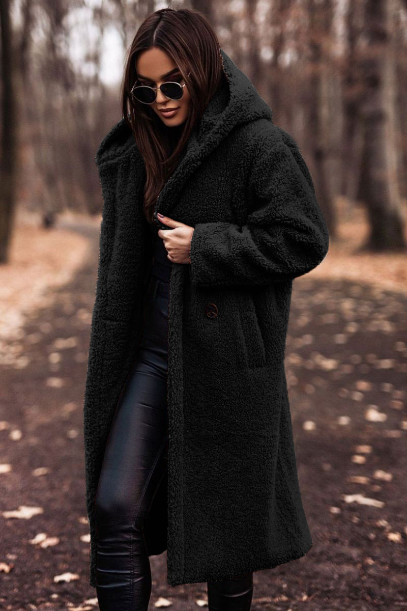 Women's hooded long teddy coat