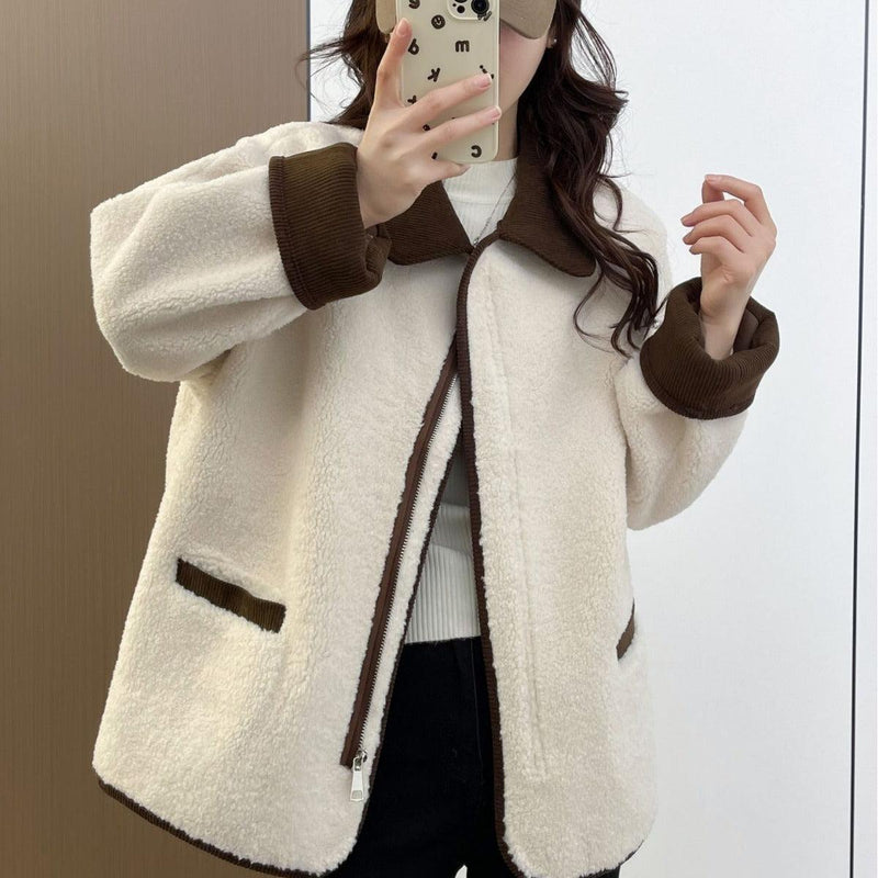 Contrast Color Lamb Wool Coat For Women