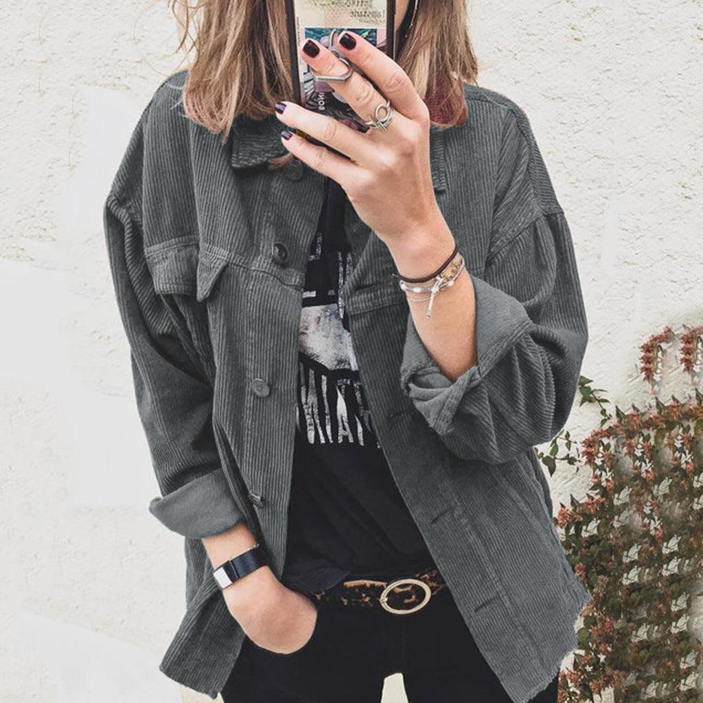 Women’s long-sleeve lapel button shirt, dark gray, loose thick fabric, front pockets