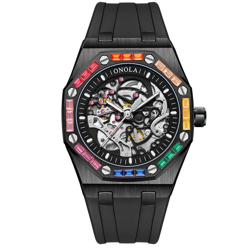 Silicone Band Rainbow Diamond Automatic Mechanical Watch - WOMONA.COM