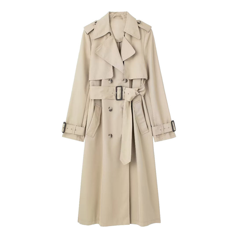 French Style Double Row Ornament Belt Trench Coat - WOMONA.COM