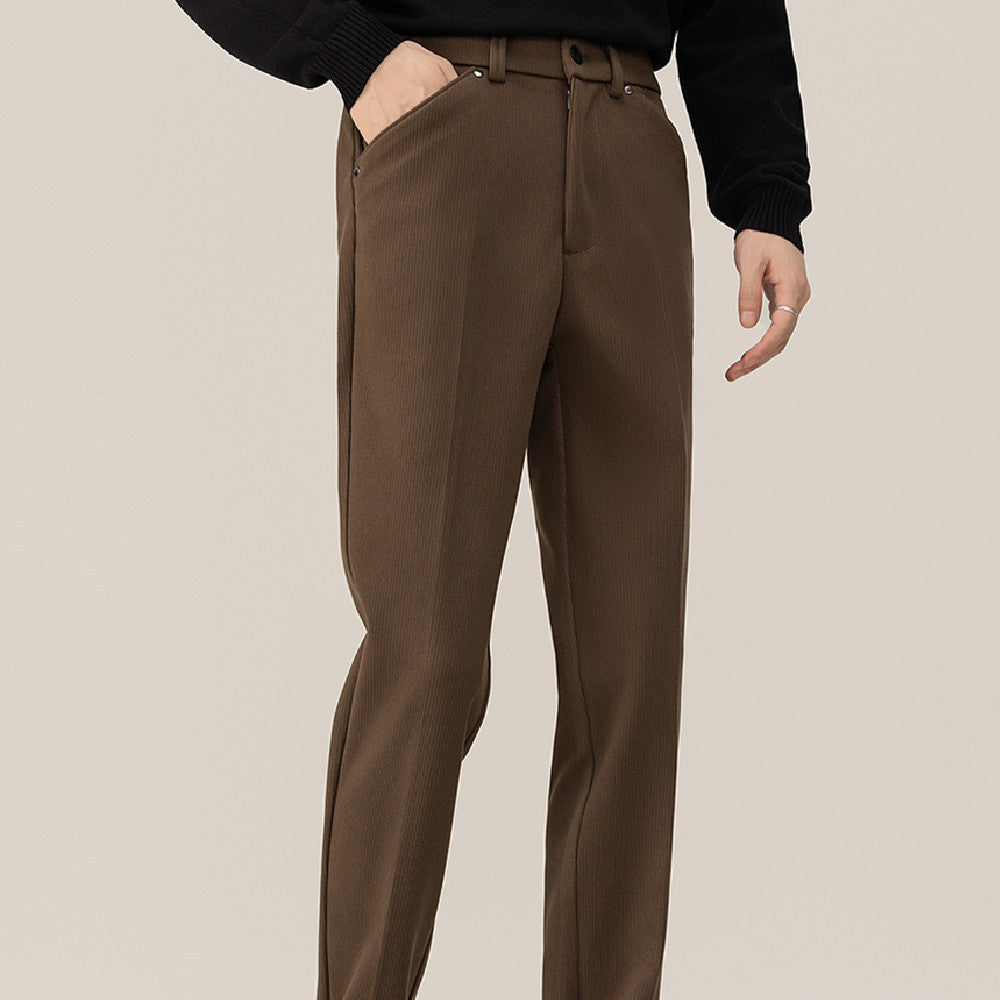 Brown wool trousers with belt loops, button front, slant side pockets, straight legs