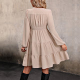 Commute Style Long Sleeve V-neck Stitching Waist Girdle Dress - WOMONA.COM