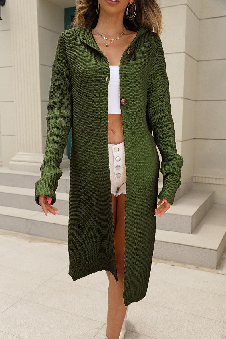 Women’s solid knit cardigan coat in dark green, button front, long sleeves, midi length