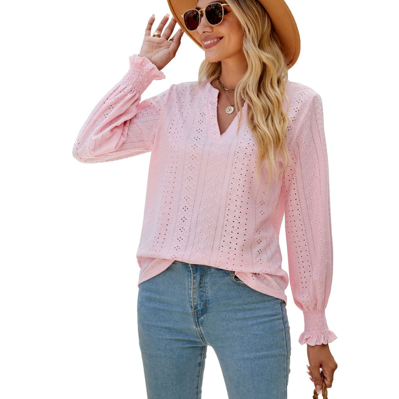 Solid Color Hollow-out Pleated Ruffle Shirts - WOMONA.COM