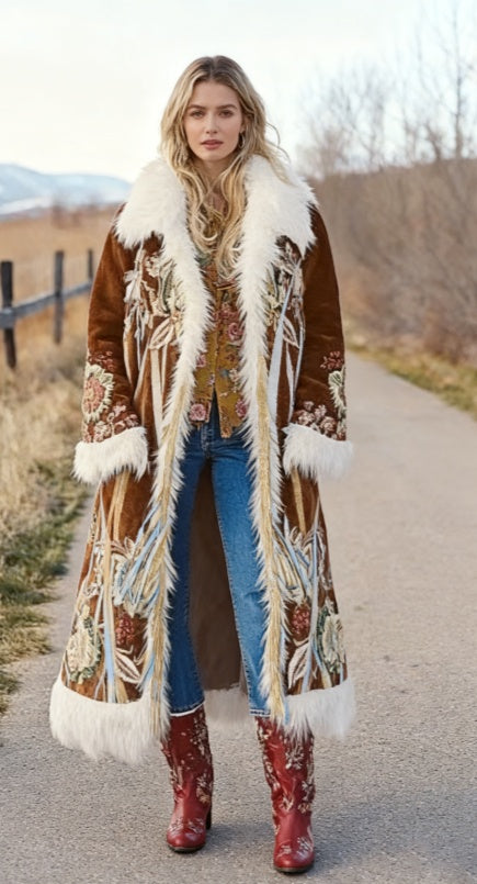 Women's long brown coat with white faux-fur trim and ornate geometric print