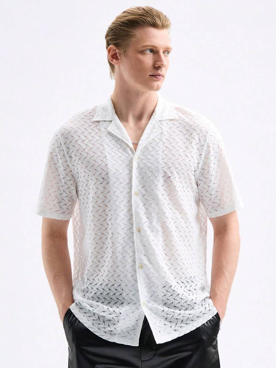 Men's white knitted jacquard short-sleeve shirt on model with lapel and button front