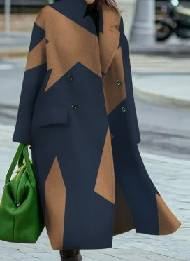 Women's long navy wool overcoat with long sleeves, green buttons, and front pockets