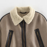 Loose Long Sleeve Lamb Wool Splicing Coat