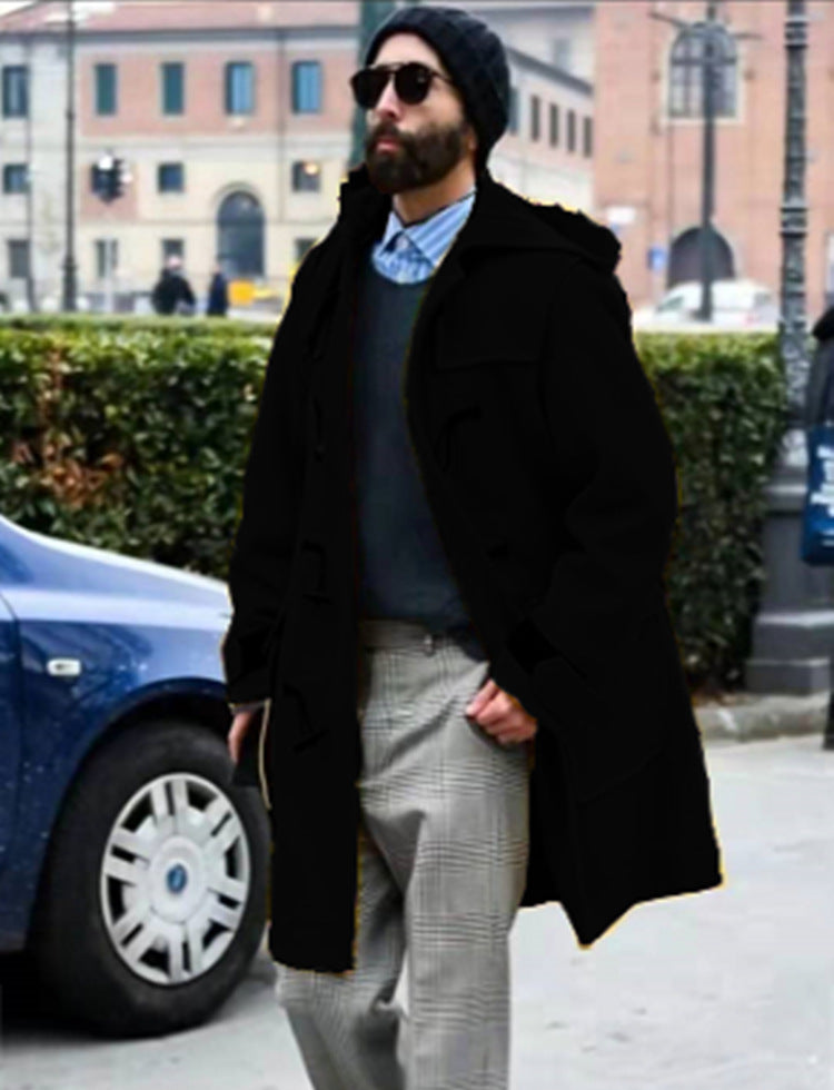 Men's hooded wool trench coat in black, horn-button front, side view