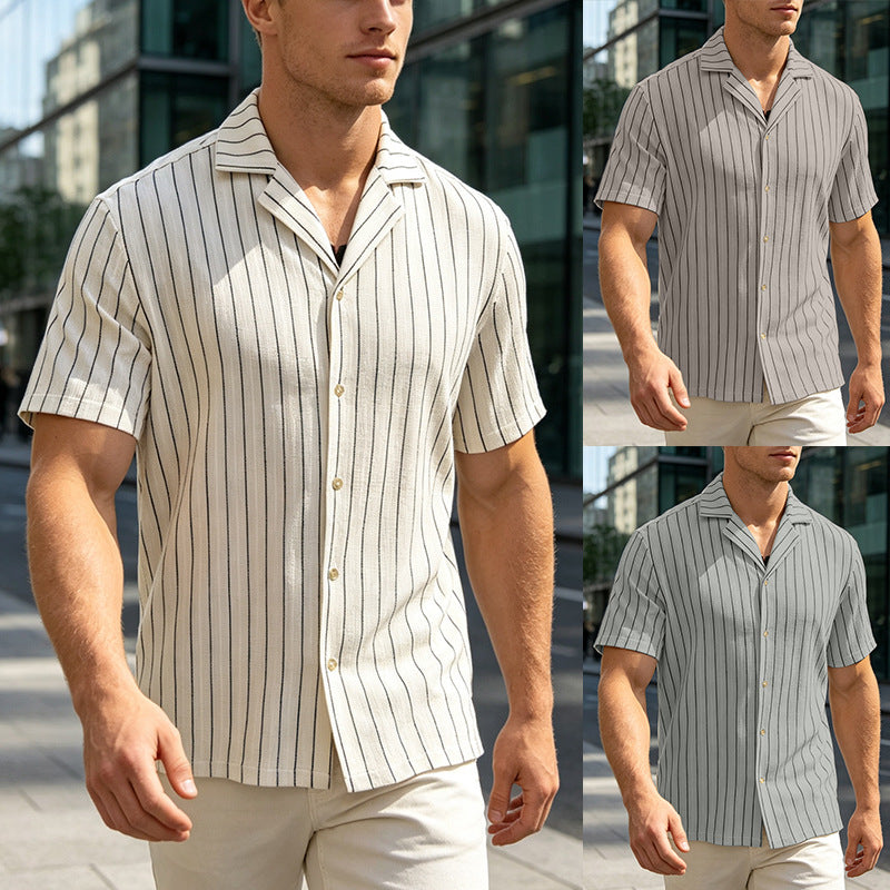Men's short-sleeve button-up shirt in cream with thin vertical navy stripes