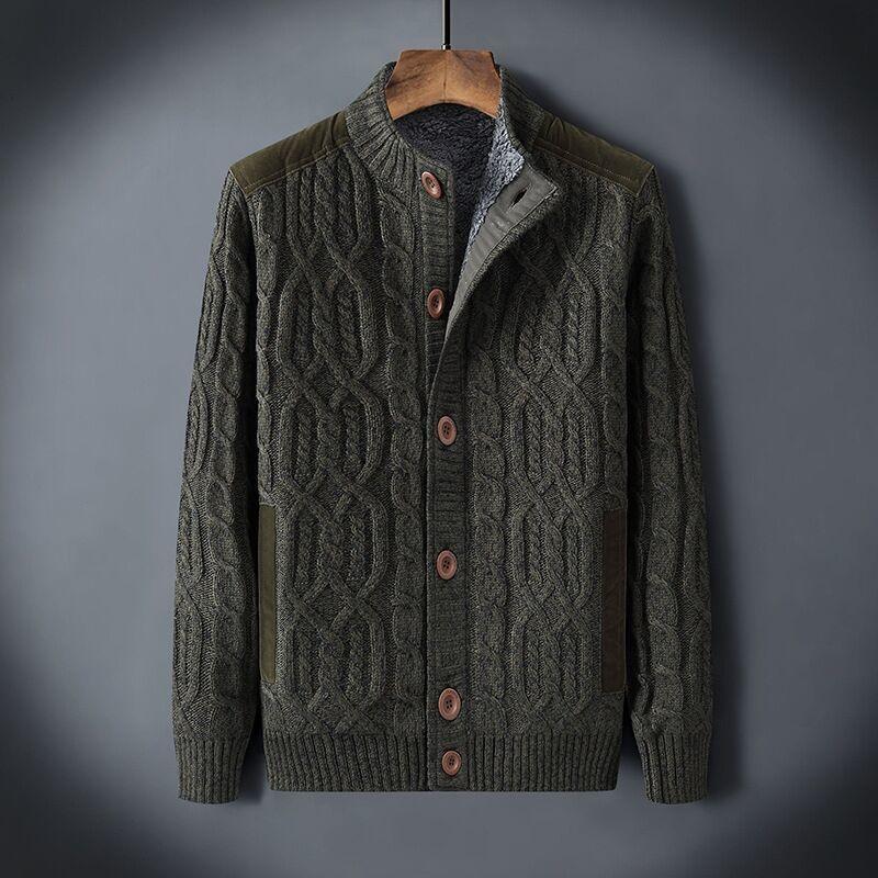 Men's dark green cable-knit cardigan sweater with button placket and stand collar