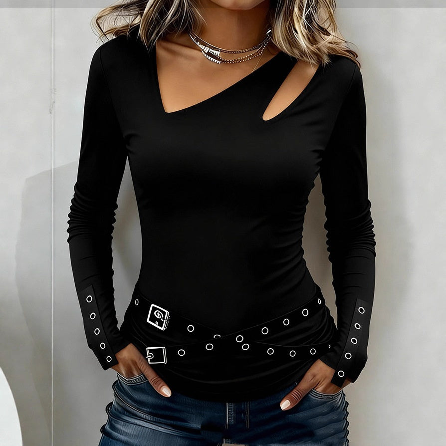 Women’s black V-neck long-sleeve top with metal buttons on wrap-style belt
