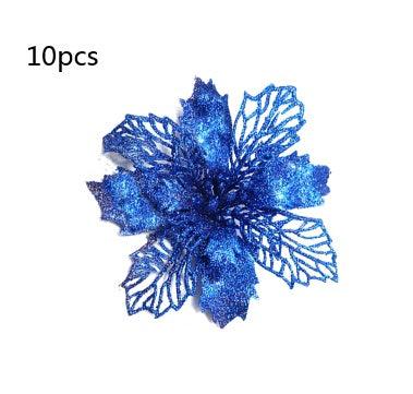 Glitter blue Christmas poinsettia-style flowers, 10 pcs