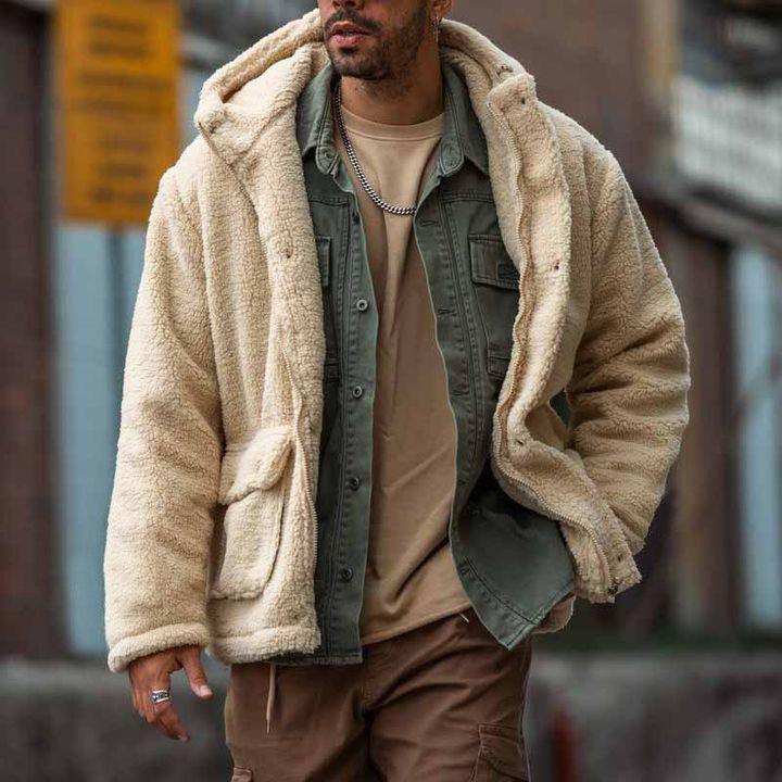 Men's apricot hooded sherpa coat with buttoned chest pocket and two front pockets