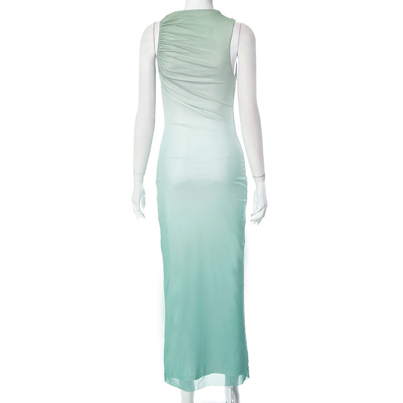 Round Neck Sleeveless Tie-dyed Mesh Long Dress - WOMONA.COM