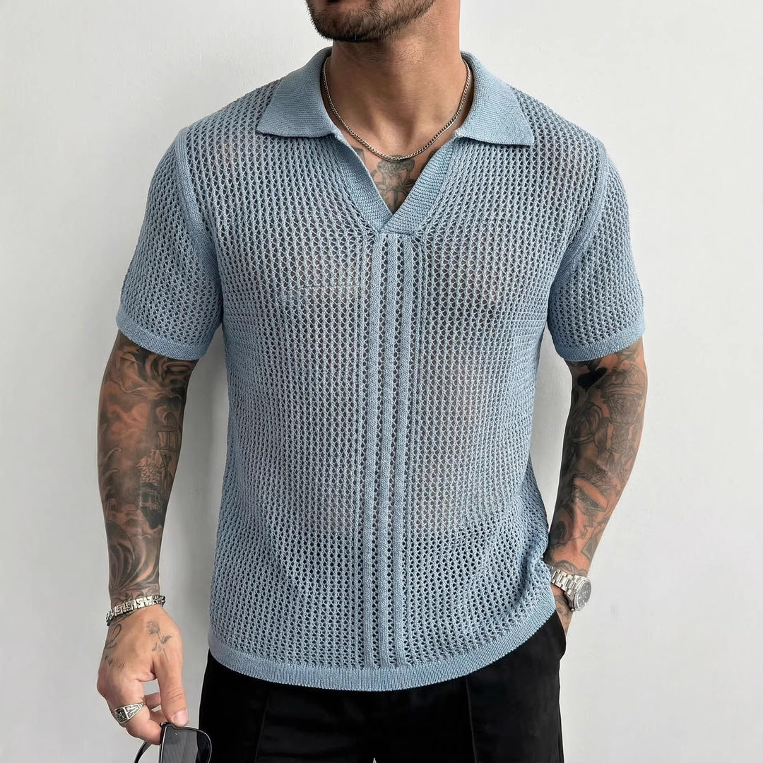 Men's sky blue mesh knit polo with hollow-out texture, zip placket, short sleeves