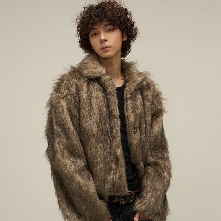 Khaki fur jacket with tall collar, open front, detailed vertical fur texture, long sleeves