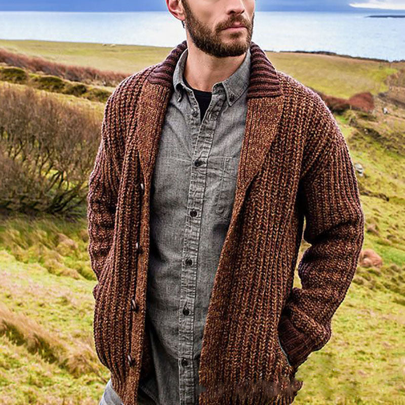 Men's knit cardigan with shawl collar, brown textured open-front
