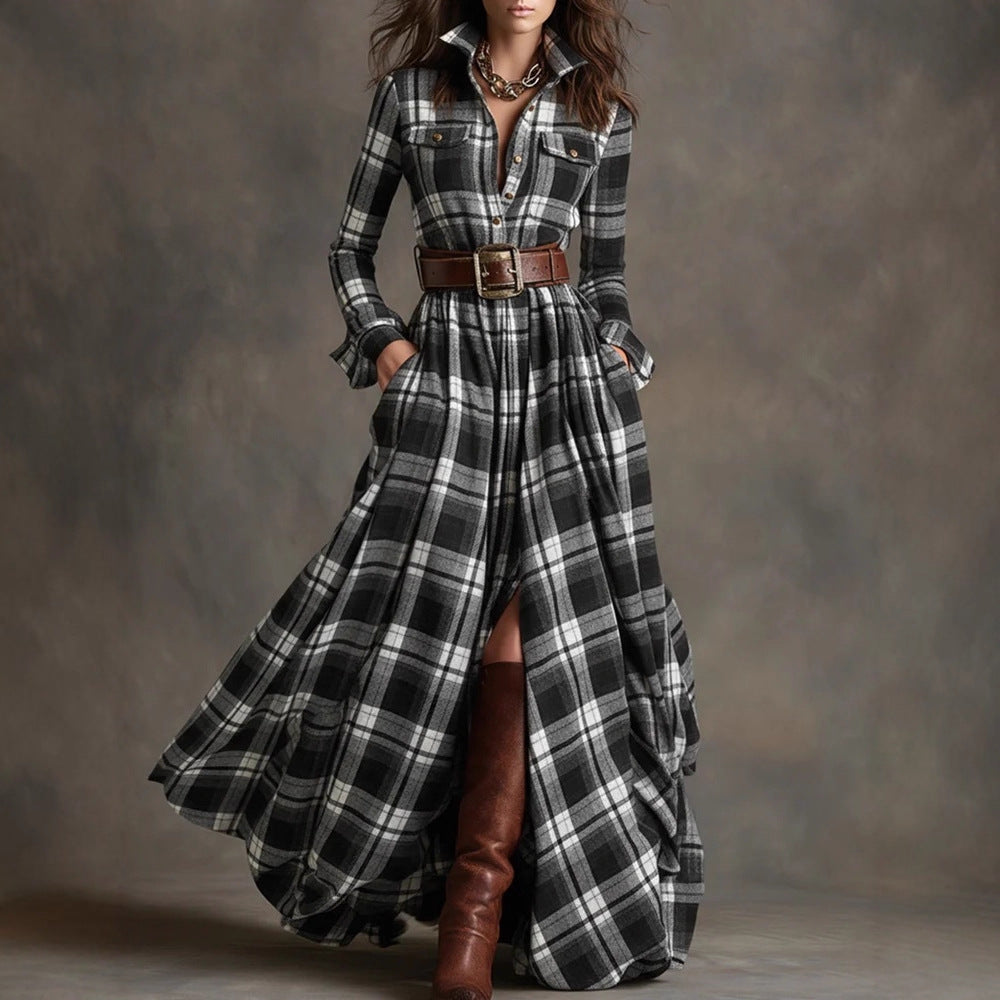 Women's plaid button-front long shirt dress