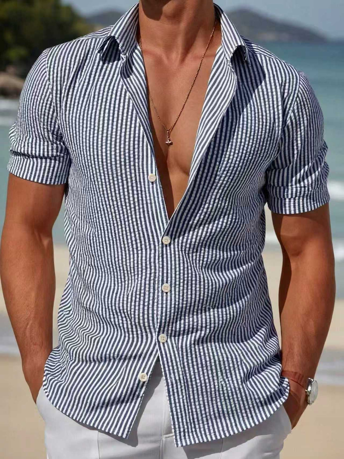 Men's striped short-sleeve button-front shirt, blue and white vertical stripes, point collar