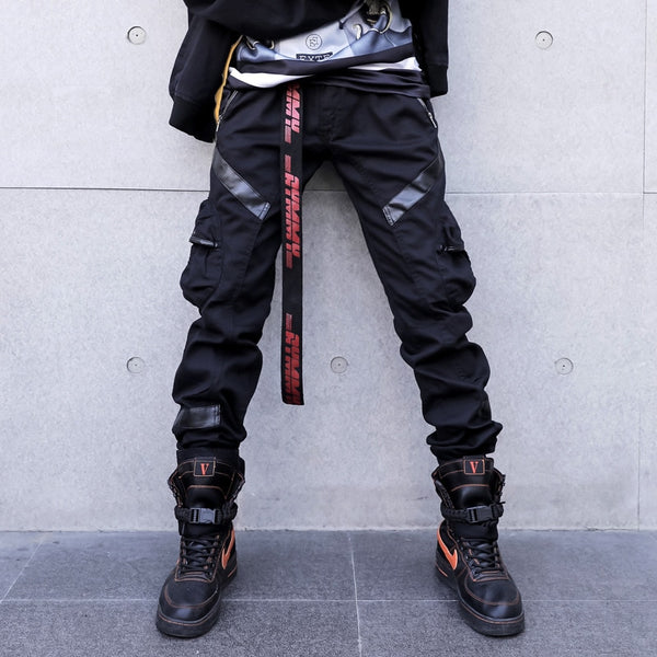 Men High Street Fashion Leather Pocket Splice Casual Cargo Pant - WOMONA.COM